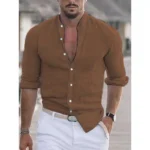 Men's Long Sleeve Shirt With Button Casual Solid Color Tops For Spring Autumn - Image 6