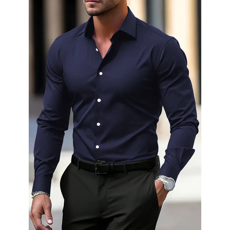 a7d3a881-f184-4699-83b6-5fb8d786319c-navy-blue.webp Men's Shirt Business Button Down Shirt Summer Solid Color Long Sleeve Lapel Vacation Shirt Fashion Temperament Casual Tops - Image 1