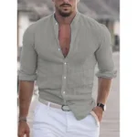 Men's Long Sleeve Shirt With Button Casual Solid Color Tops For Spring Autumn - Image 7